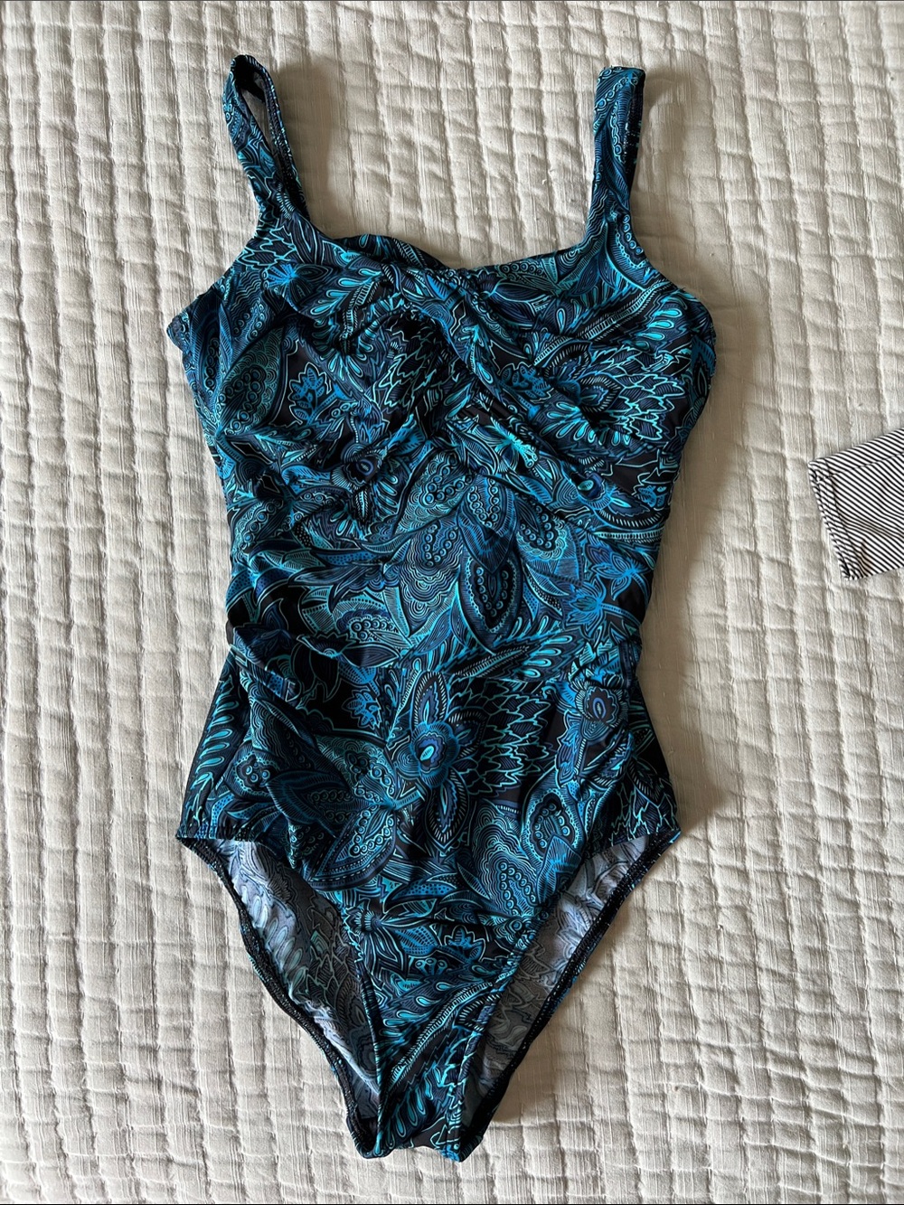 Lands' End Teal and Black Paisley One-Piece Swimsuit